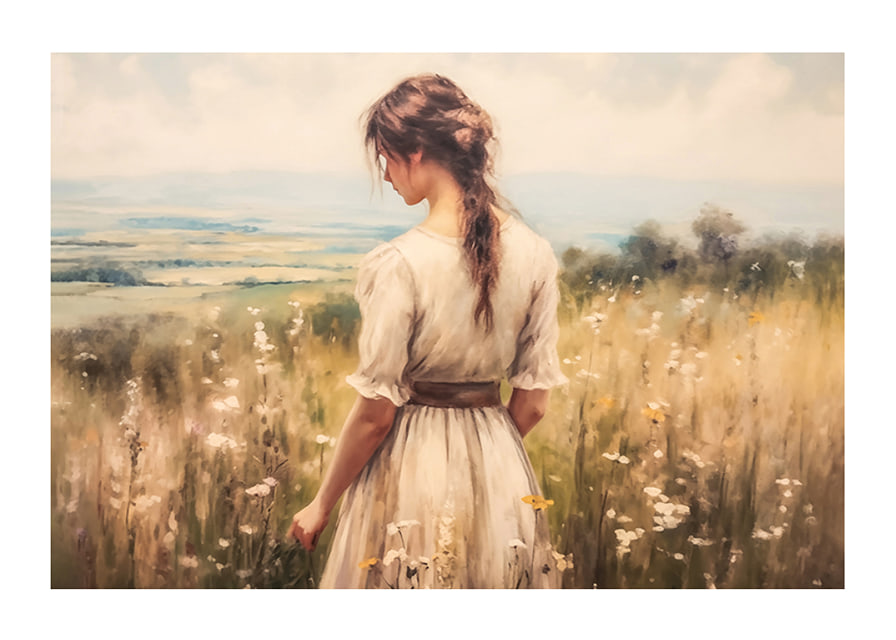 A poster of a woman in a blooming meadow that radiates peace and harmony-12