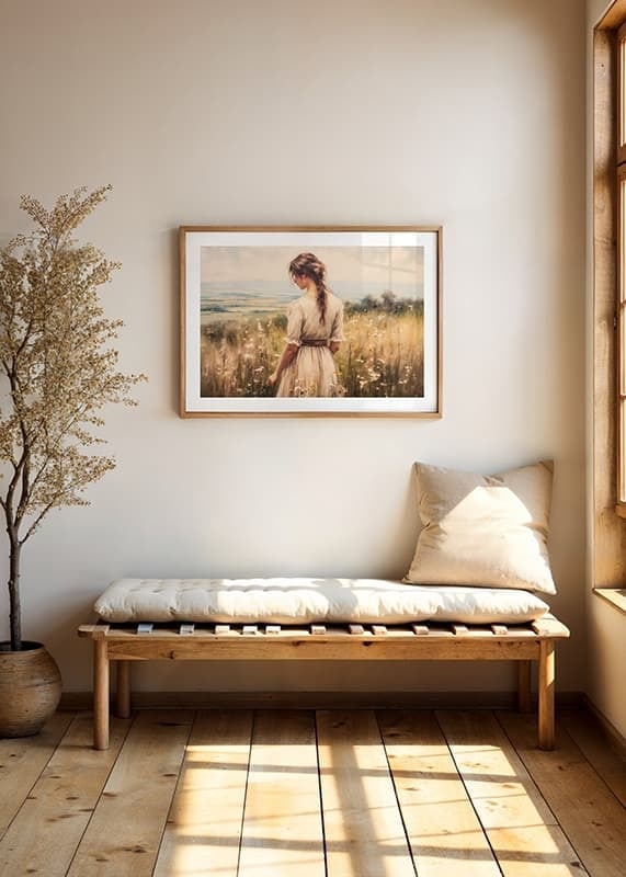 A poster of a woman in a blooming meadow that radiates peace and harmony-12