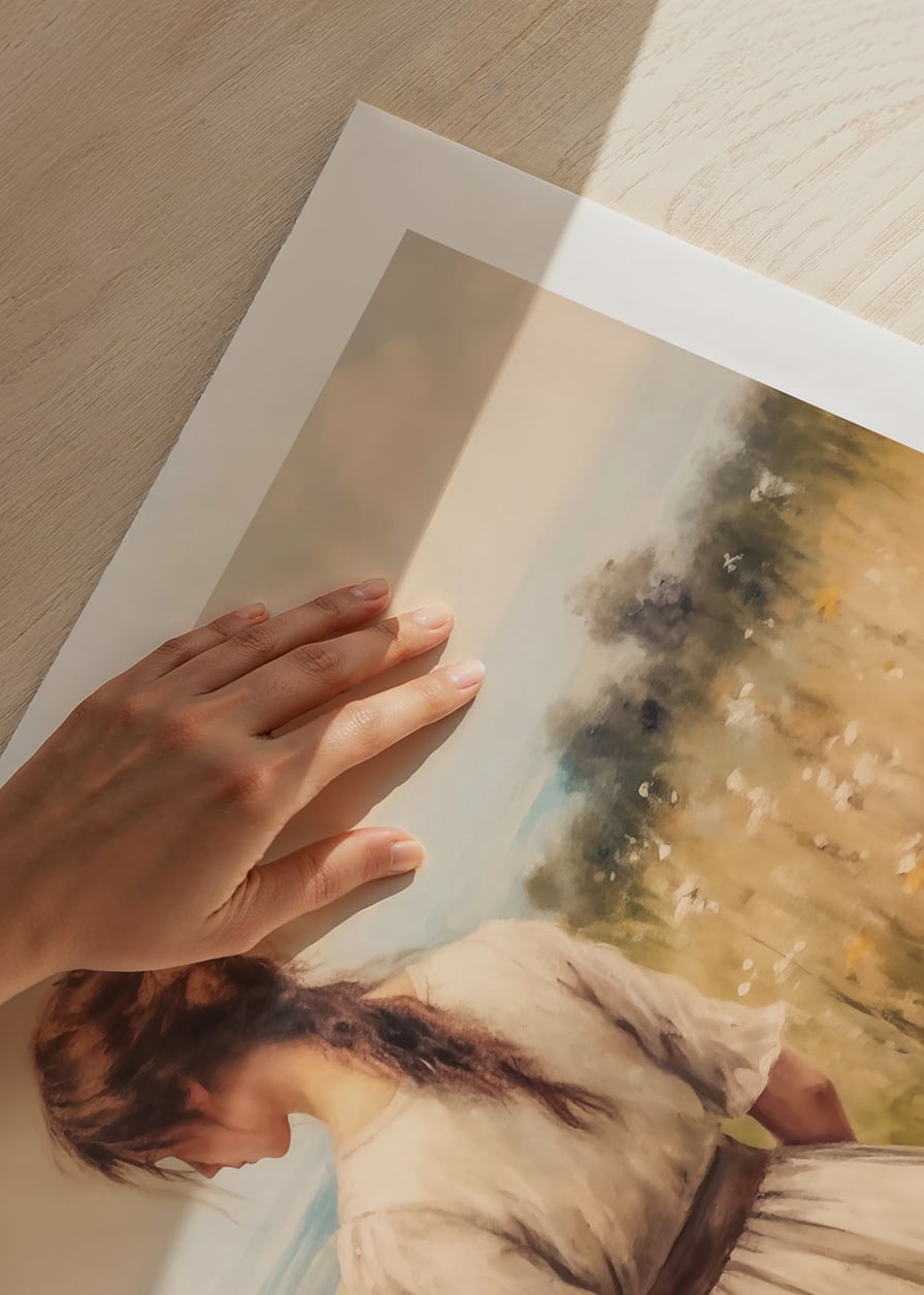 A poster of a woman in a blooming meadow that radiates peace and harmony-12