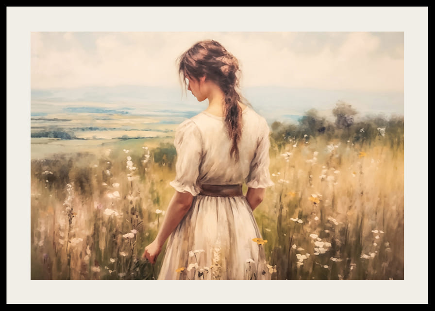 Plagát so ženou na rozkvitnutej lúke, z ktorej vyžaruje pokoj a harmónia-12