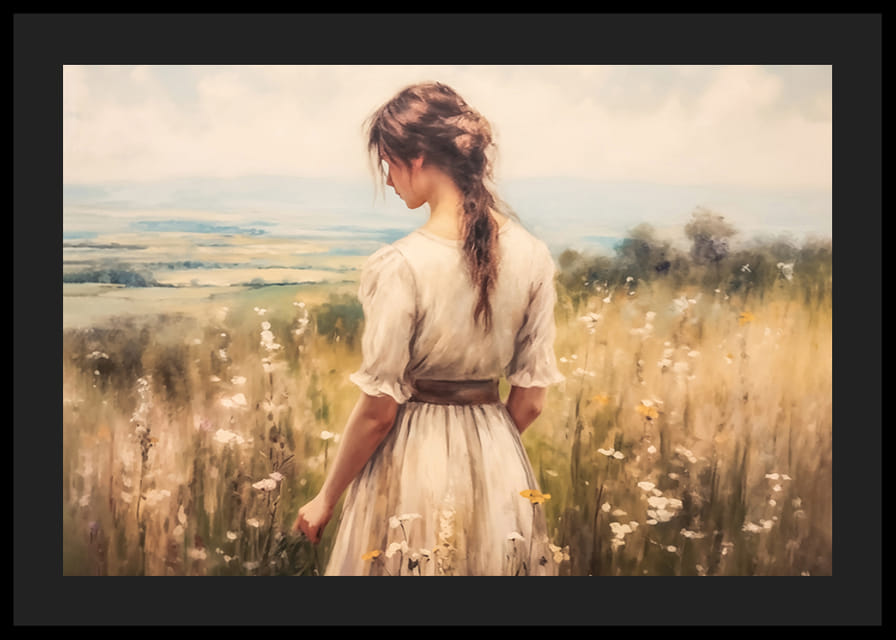 Plagát so ženou na rozkvitnutej lúke, z ktorej vyžaruje pokoj a harmónia-12