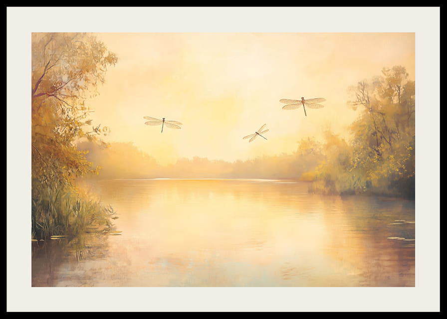 Ein Poster mit einem goldenen See, tanzenden Libellen und beruhigendem Morgenlicht-12