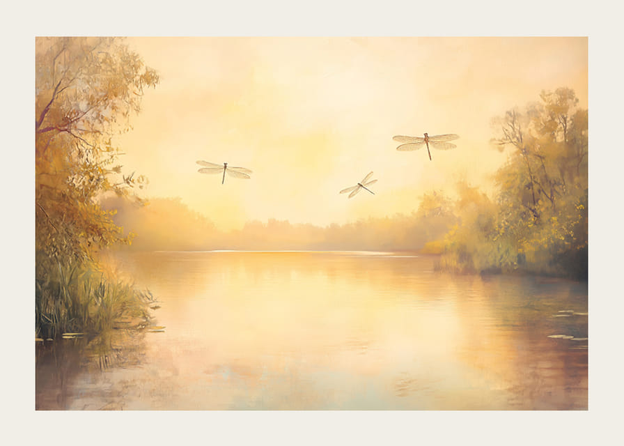 Ein Poster mit einem goldenen See, tanzenden Libellen und beruhigendem Morgenlicht-12