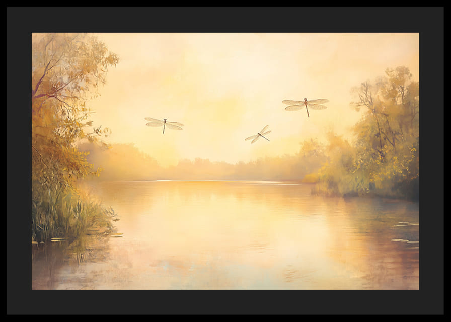 Ein Poster mit einem goldenen See, tanzenden Libellen und beruhigendem Morgenlicht-12