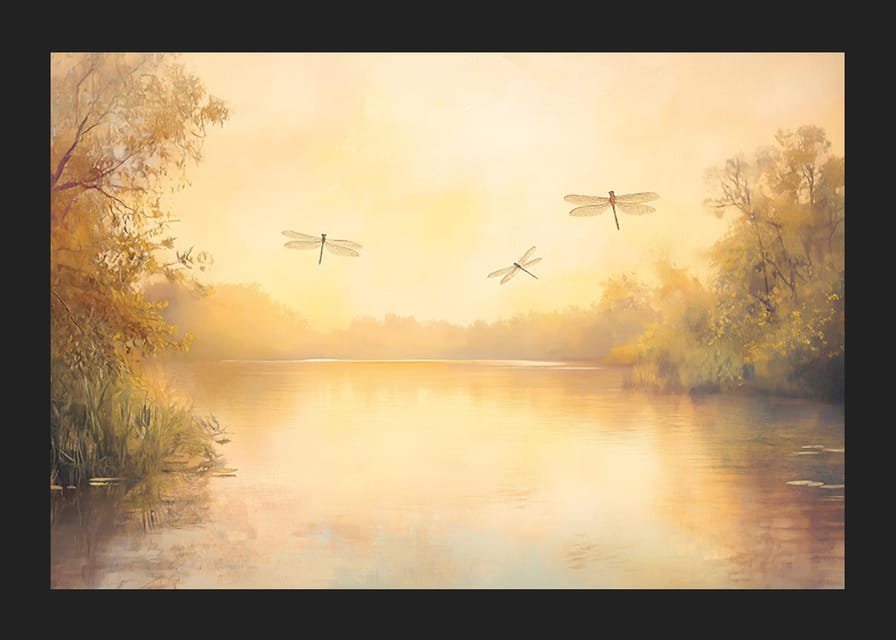 Ein Poster mit einem goldenen See, tanzenden Libellen und beruhigendem Morgenlicht-12