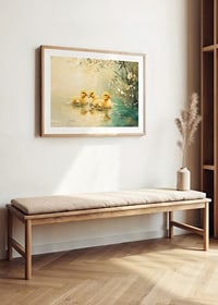 En poster med tre fluffiga andungar som simmar i stilla vatten omgivet av blommor-8