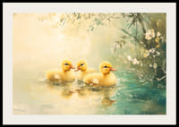 A poster with three fluffy ducklings swimming in still water surrounded by flowers-2