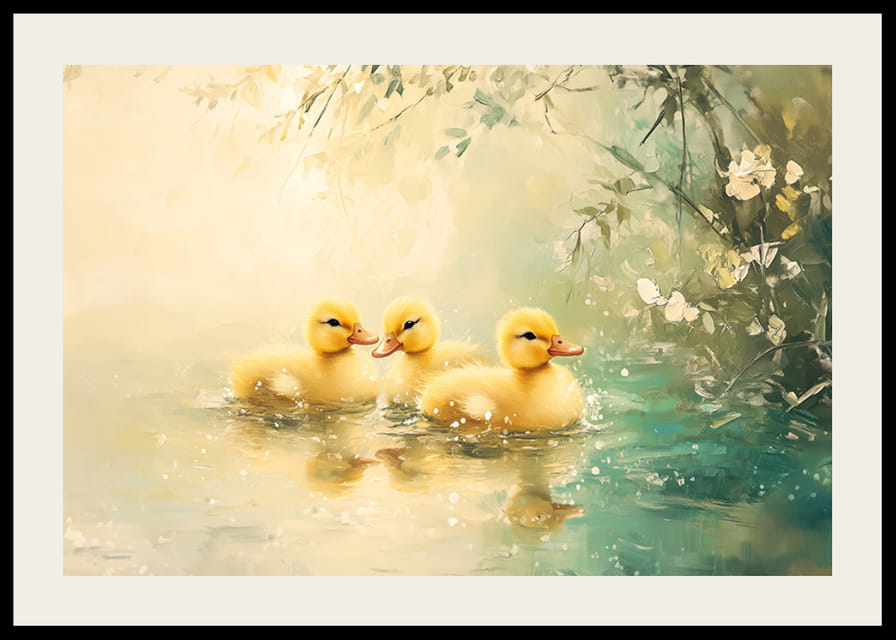 A poster with three fluffy ducklings swimming in still water surrounded by flowers-12