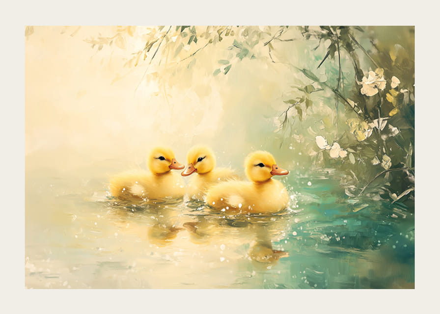 A poster with three fluffy ducklings swimming in still water surrounded by flowers-12