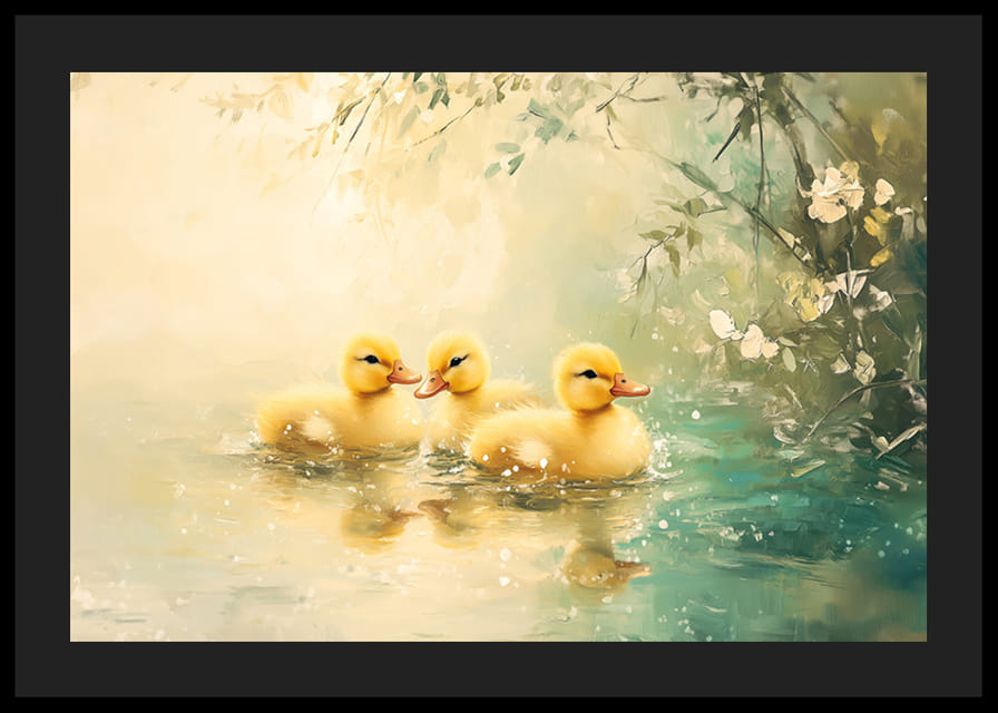 A poster with three fluffy ducklings swimming in still water surrounded by flowers-12