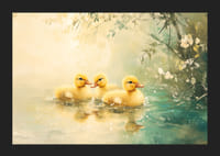 A poster with three fluffy ducklings swimming in still water surrounded by flowers-5