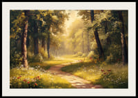 En plakat af en solbelyst skovsti omgivet af frodigt grønt og vilde blomster-2