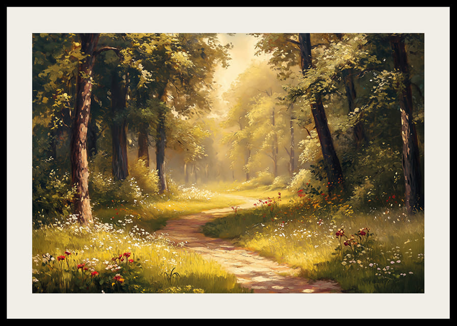 En plakat af en solbelyst skovsti omgivet af frodigt grønt og vilde blomster-12