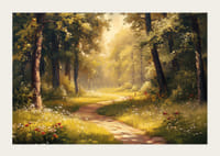 En plakat af en solbelyst skovsti omgivet af frodigt grønt og vilde blomster-3