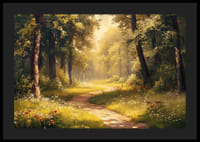 En plakat af en solbelyst skovsti omgivet af frodigt grønt og vilde blomster-4