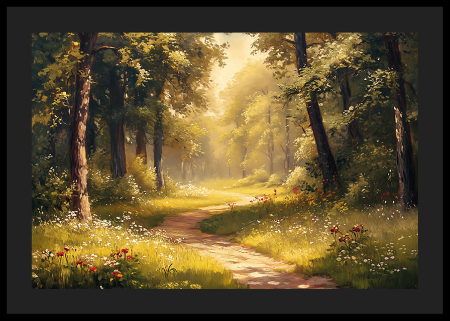 En plakat af en solbelyst skovsti omgivet af frodigt grønt og vilde blomster-12