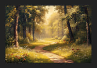 En plakat af en solbelyst skovsti omgivet af frodigt grønt og vilde blomster-5