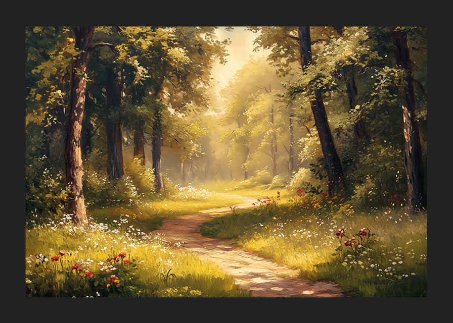 En plakat af en solbelyst skovsti omgivet af frodigt grønt og vilde blomster-12