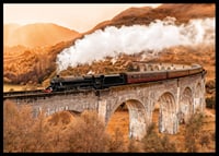 Poster met een afbeelding van een trein op een brug in een herfstlandschap-6