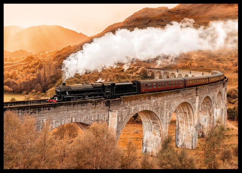 Poster met een afbeelding van een trein op een brug in een herfstlandschap-12