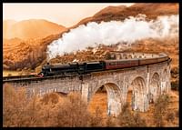 Poster cu o imagine a unui tren pe un pod într-un peisaj de toamnă-2