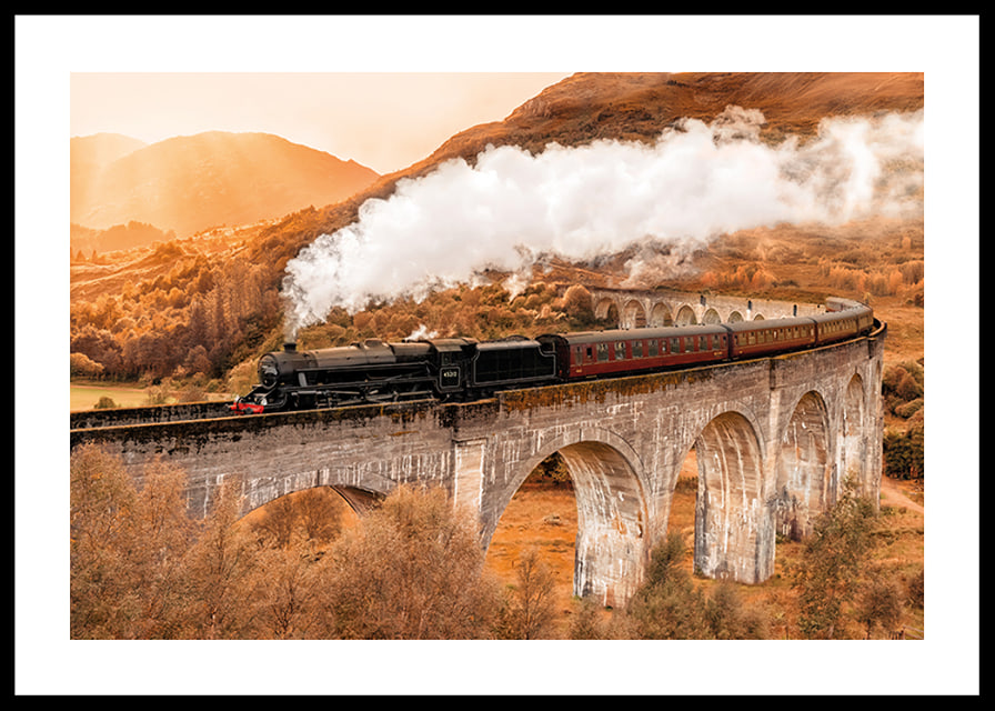 Poster met een afbeelding van een trein op een brug in een herfstlandschap-12
