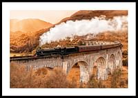 Poster cu o imagine a unui tren pe un pod într-un peisaj de toamnă-0