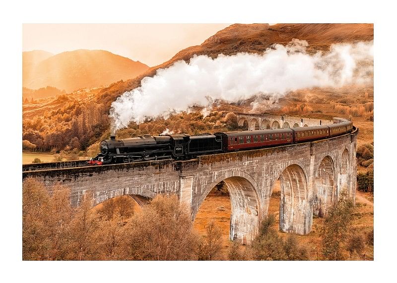 Poster cu o imagine a unui tren pe un pod într-un peisaj de toamnă-12