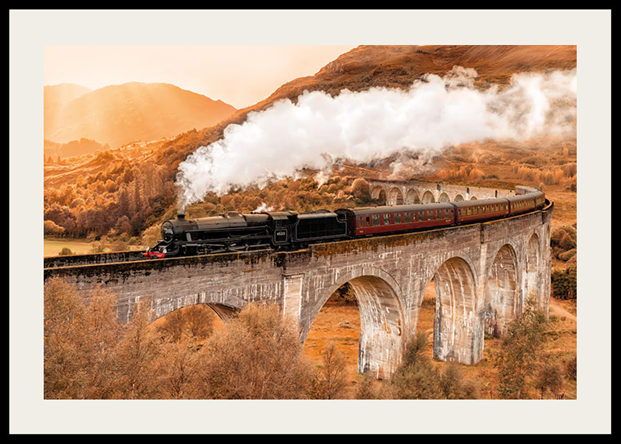 Poster met een afbeelding van een trein op een brug in een herfstlandschap-12