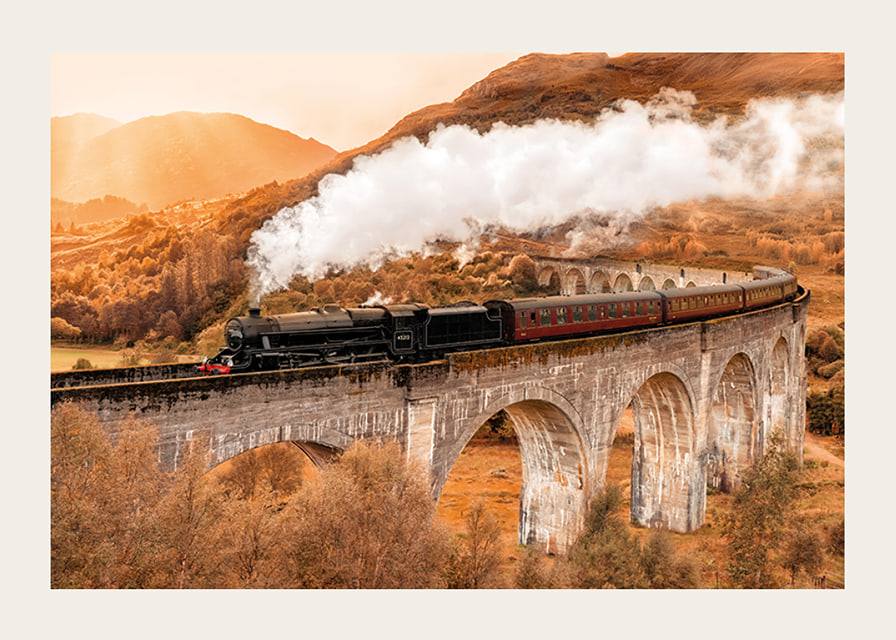 Poster met een afbeelding van een trein op een brug in een herfstlandschap-12