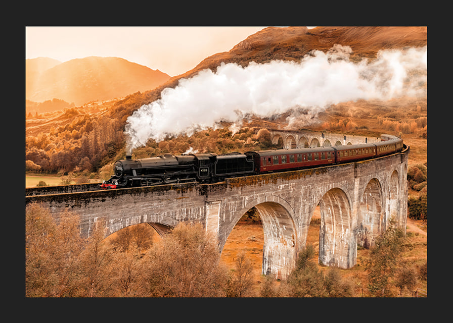 Poster met een afbeelding van een trein op een brug in een herfstlandschap-12