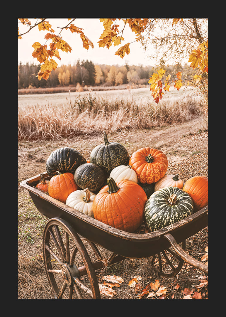 Poster with a picture of a cart with pumpkins in different colors-12