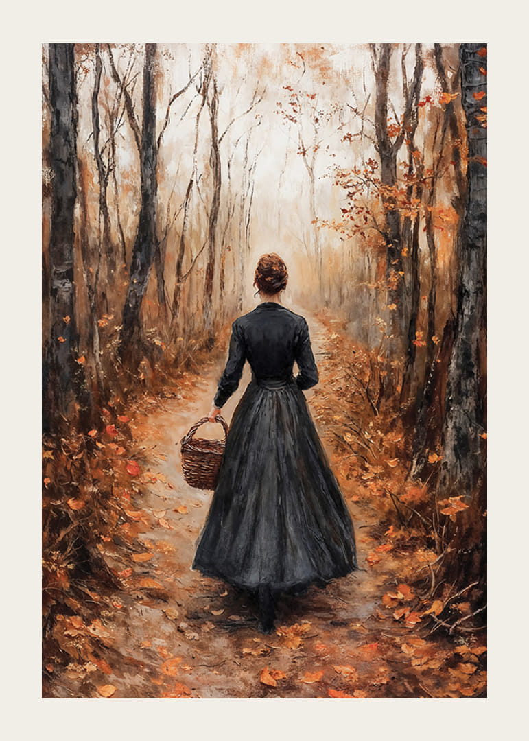 Poster with a painting of a woman in an autumn forest-12