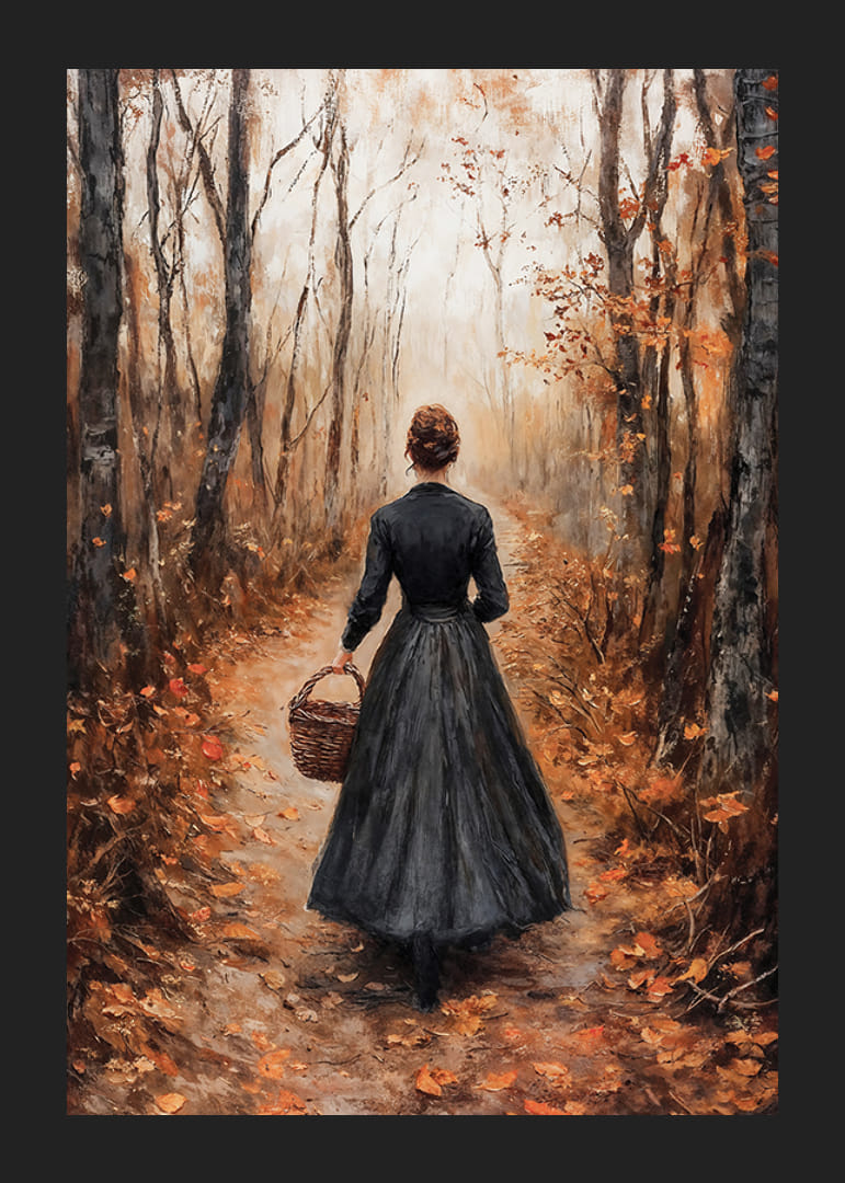 Poster with a painting of a woman in an autumn forest-12