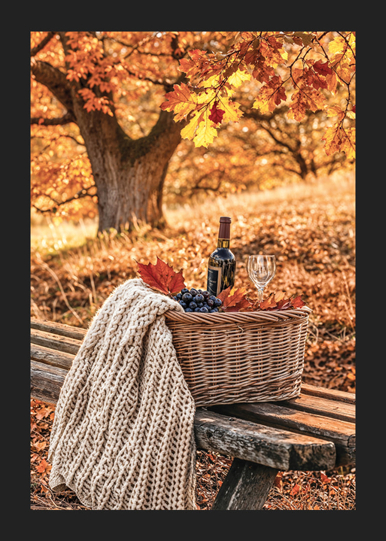 Poster med en bild på en picknick-korg med vin och druvor i höstmiljö-12