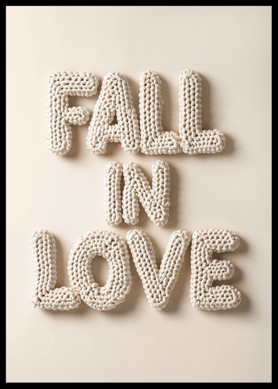 Poster with the text "Fall in love" written in crocheted letters-12