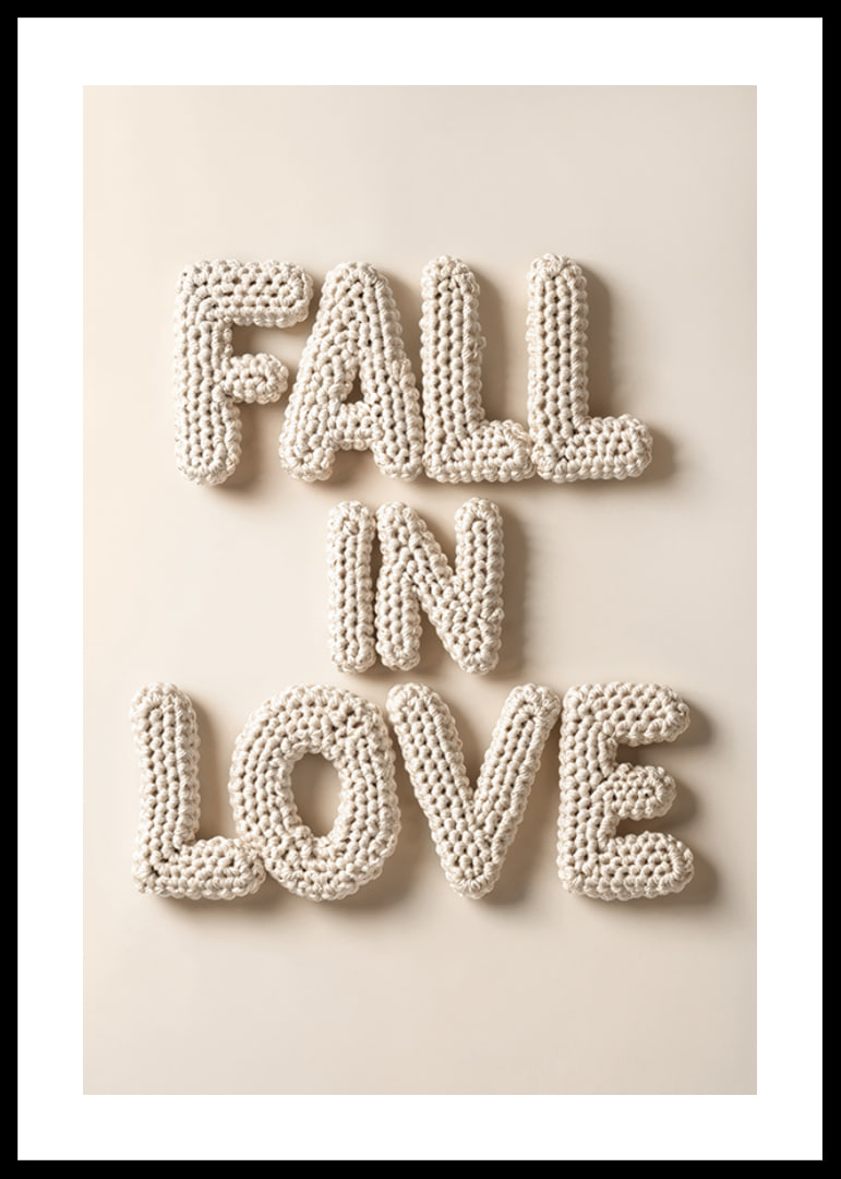 Poster with the text "Fall in love" written in crocheted letters-12