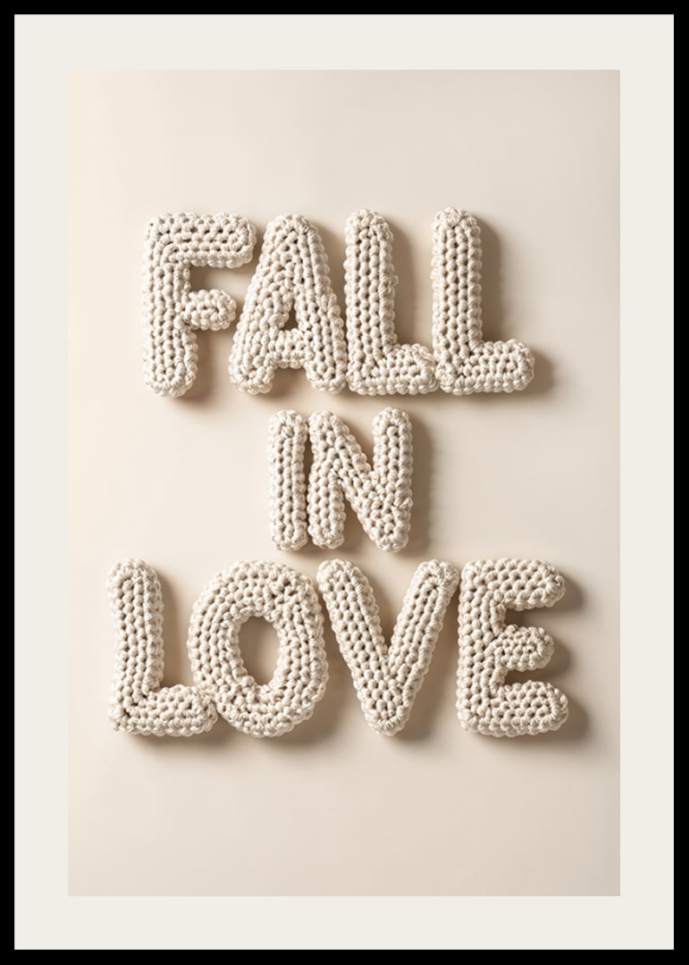 Poster with the text "Fall in love" written in crocheted letters-12