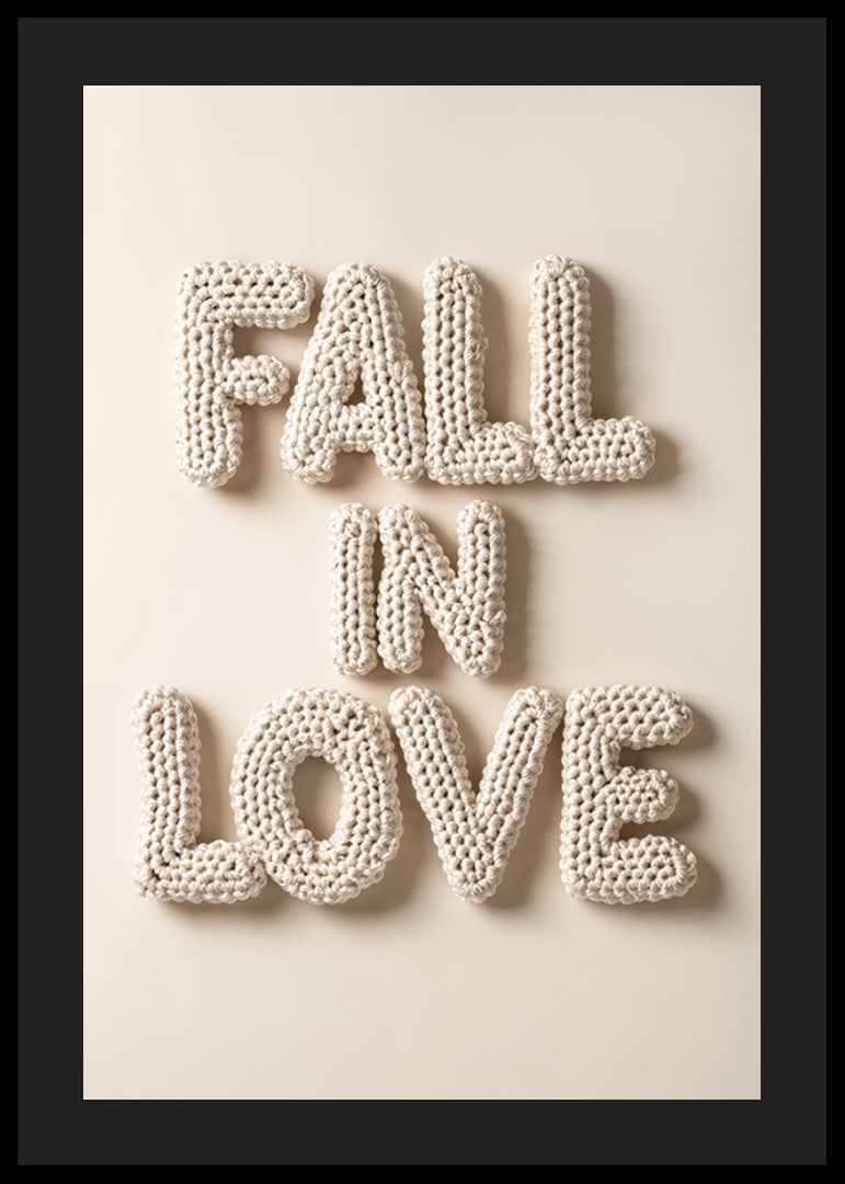 Poster with the text "Fall in love" written in crocheted letters-12