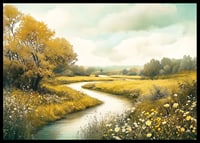 En poster med en slingrande bäck genom gyllene ängar och blomstrande natur-6
