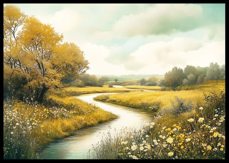 En poster med en slingrande bäck genom gyllene ängar och blomstrande natur-12