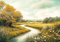 En poster med en slingrande bäck genom gyllene ängar och blomstrande natur-7