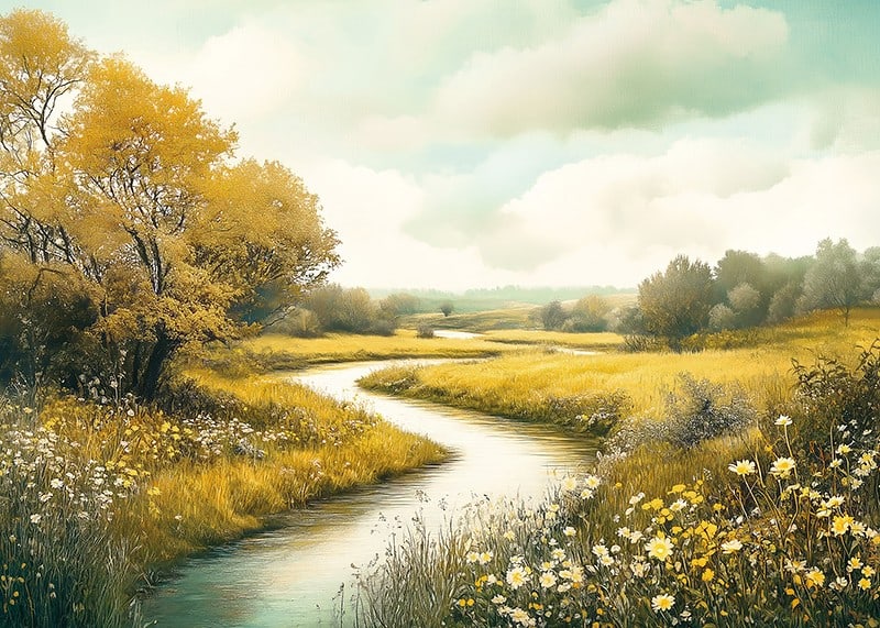 En poster med en slingrande bäck genom gyllene ängar och blomstrande natur-12