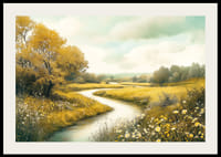 Um cartaz com um riacho sinuoso através de prados dourados e natureza florescente-2