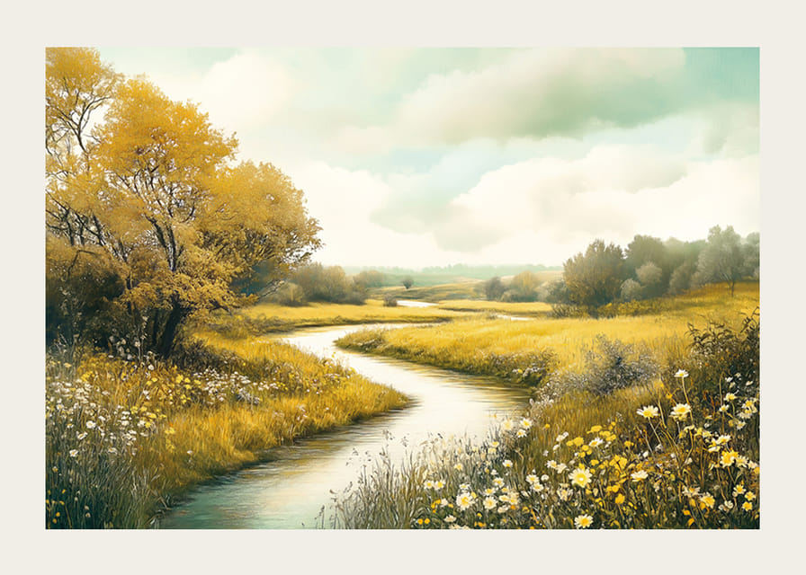 Um cartaz com um riacho sinuoso através de prados dourados e natureza florescente-12