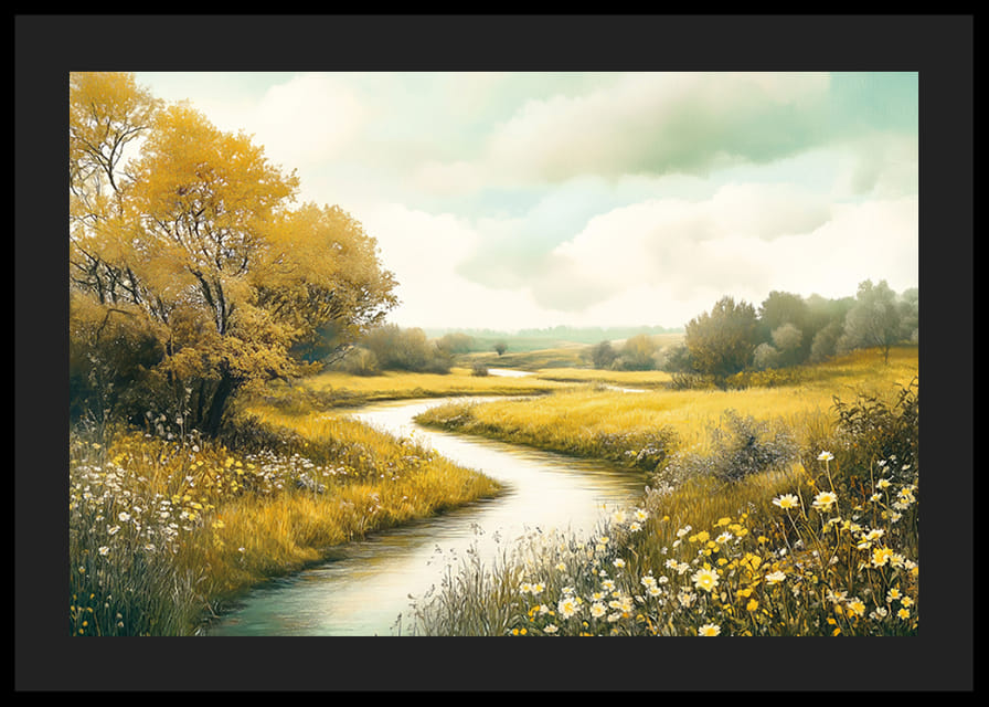 Um cartaz com um riacho sinuoso através de prados dourados e natureza florescente-12