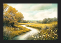 Um cartaz com um riacho sinuoso através de prados dourados e natureza florescente-5