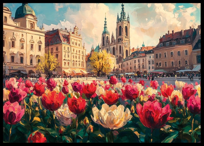 Plagát historických budov a more farebných tulipánov, ktoré žiaria na jarnom slnku-12