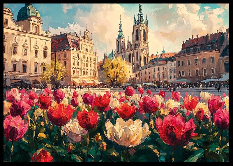 Un afiș cu clădiri istorice și o mare de lalele colorate care strălucesc în soarele de primăvară-12