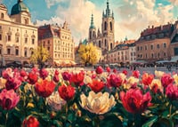 Plagát historických budov a more farebných tulipánov, ktoré žiaria na jarnom slnku-7